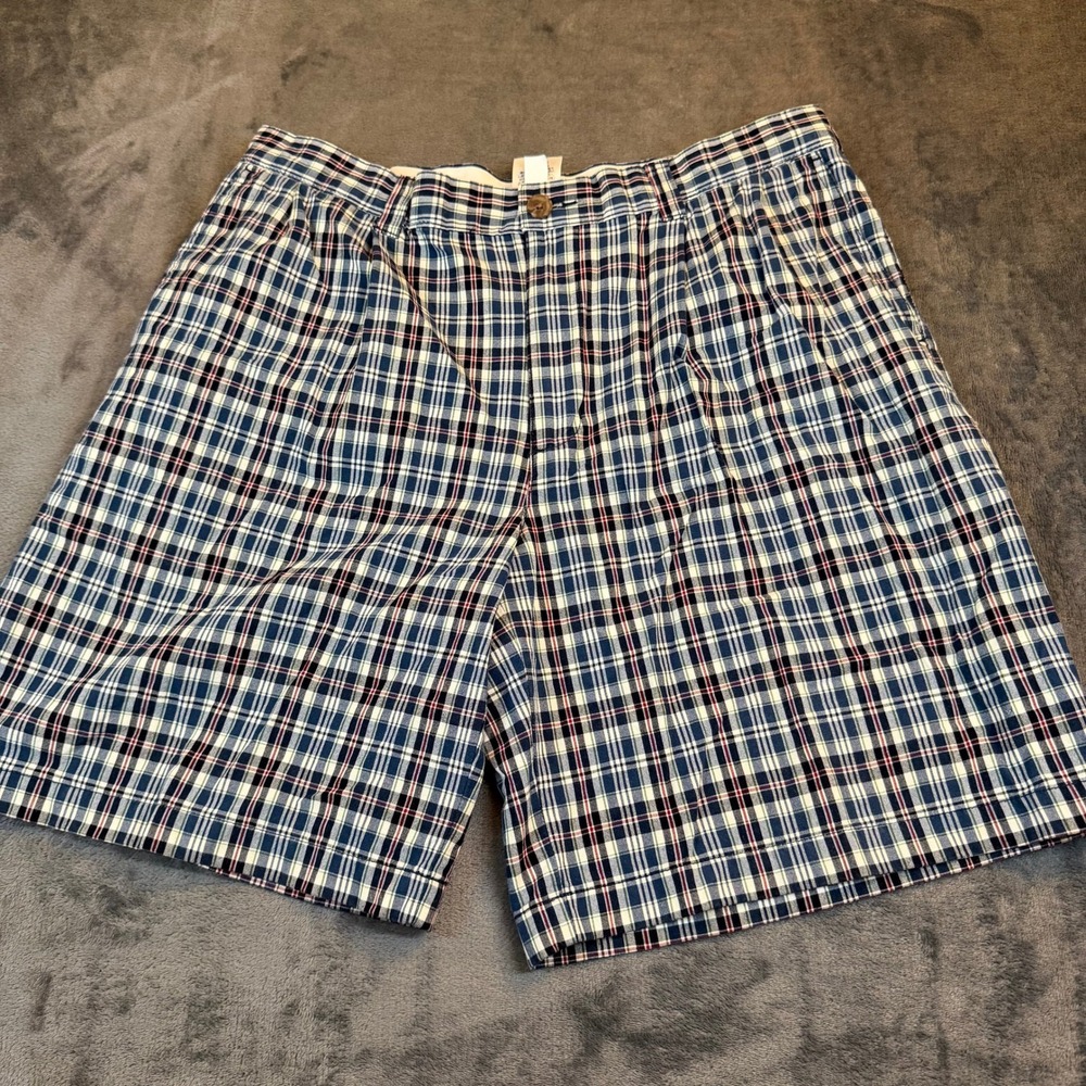 Lands End Pleated Chino Shorts Womens 35 Blue Plaid Cotton Casual